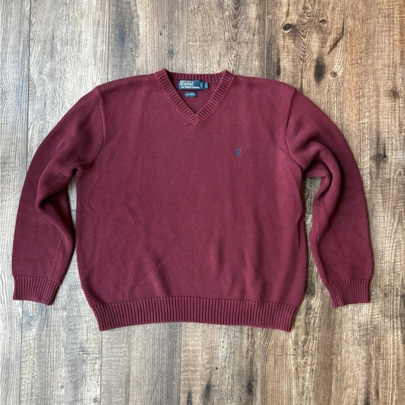 Polo Ralph Lauren V-Neck Burgandy Sweater 100% Cotton Men's Size L - Picture 2 of 12